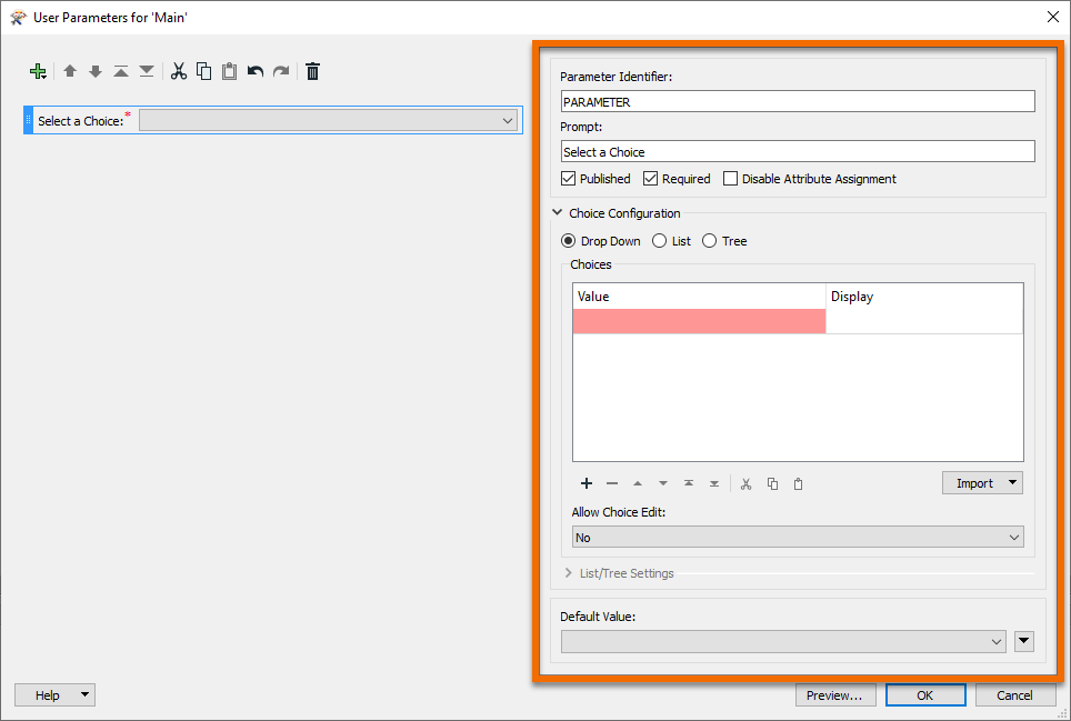 Filling out the right side of the Parameter Manager
